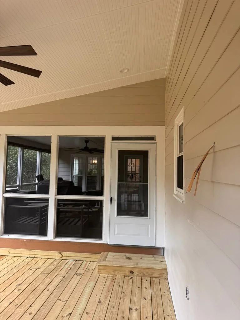 Covered porch addition with beadboard ceiling, recessed lighting and new pine decking