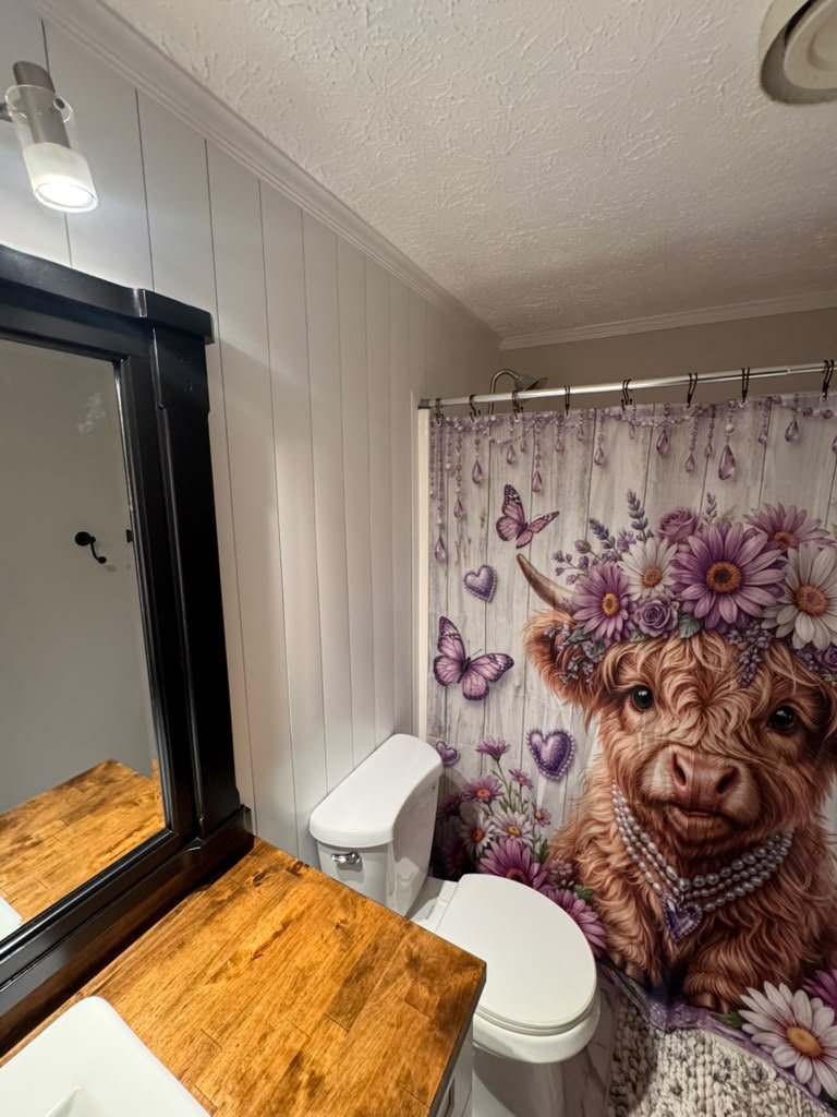 Shiplap accent wall and butcher block vanity in a remodeled hall bathroom
