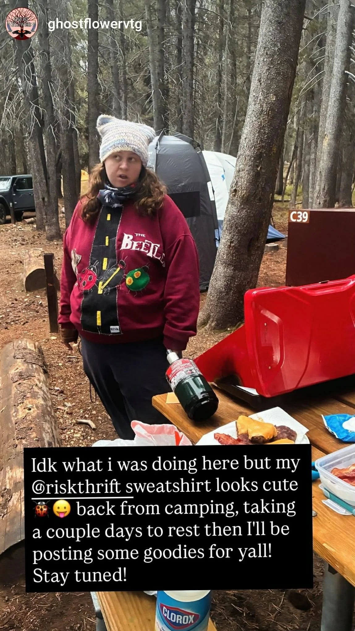 Tess camping in their Beetles Sweatshirt! @ghostflowervtg