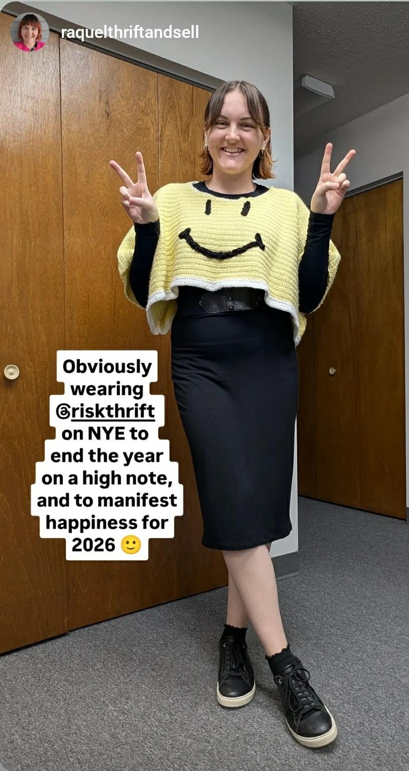 Raquel in their Crotcher Smiley Vest! @raquelthriftandsell