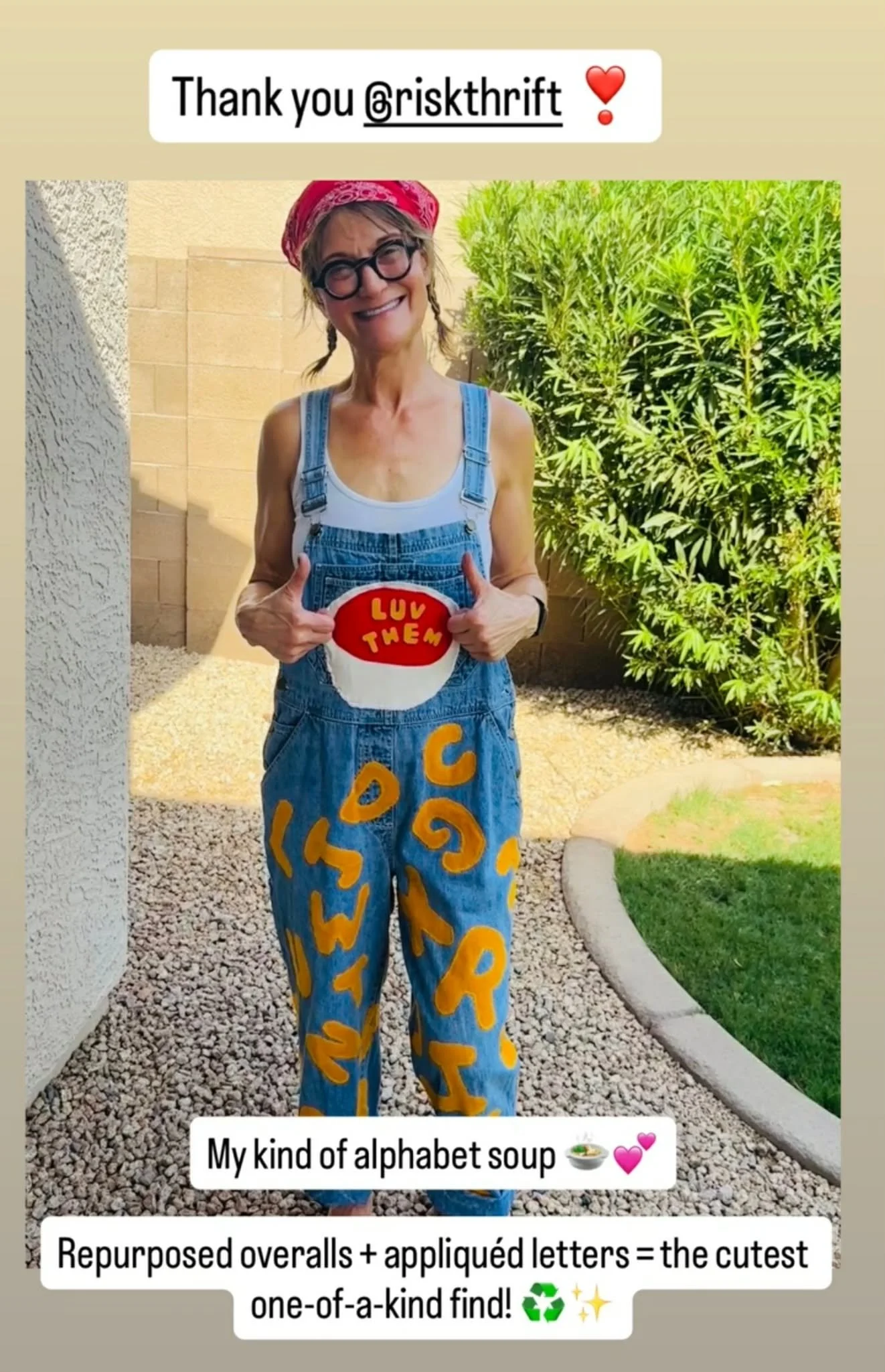 Paula in their Alphabet Soup Overalls! @paulavancleve