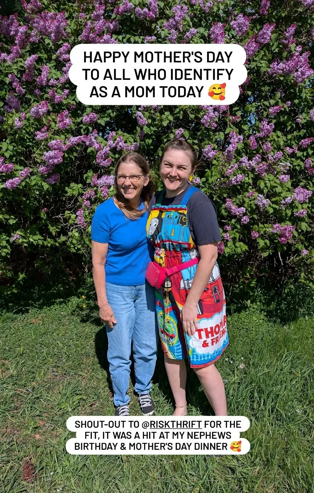 Raquel celebrating Mothers Day in their Thomas Train Overalls! @raquelthriftandsell