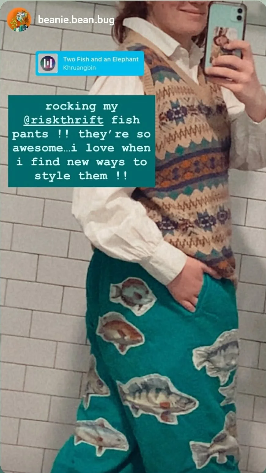 Meghan in their Fish pants! @beanie.bean.bug