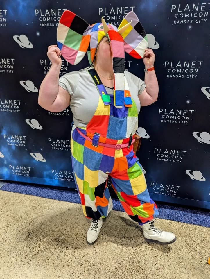 Erin in their Elmer the Elephant Overalls! @girlgoneorange