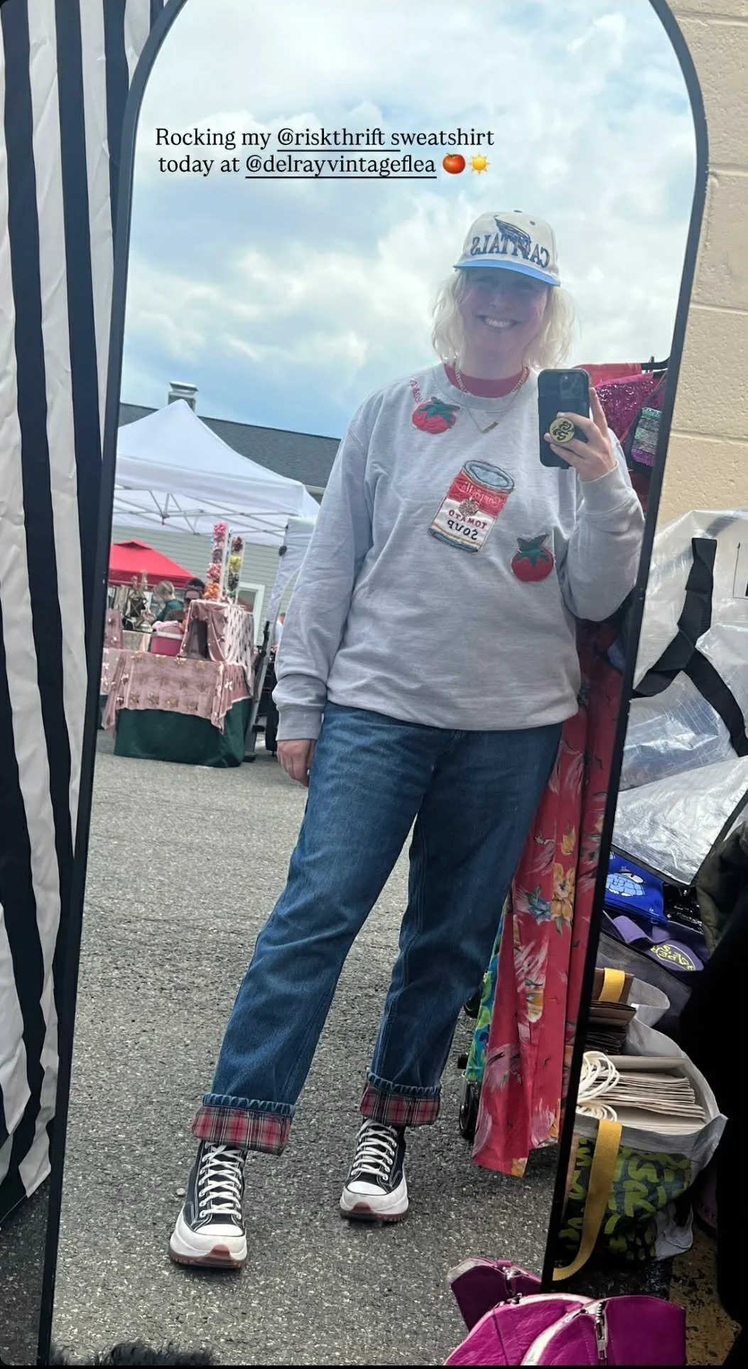 Laura vending at the Del Rae Vintage Flea, in their Tomato Soup Crew! @yellowbrickrhodesthrifts