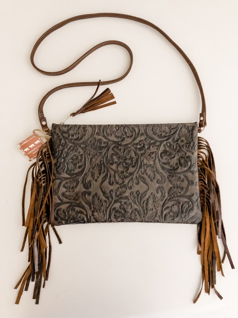 Double fringe 15x15 axis print cowhide purse