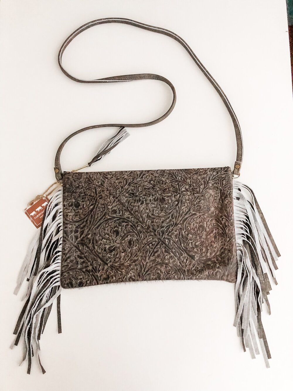 Cross Body Speckled Cowhide and Leather Fringed Handbag by Southwest Indian Foundation