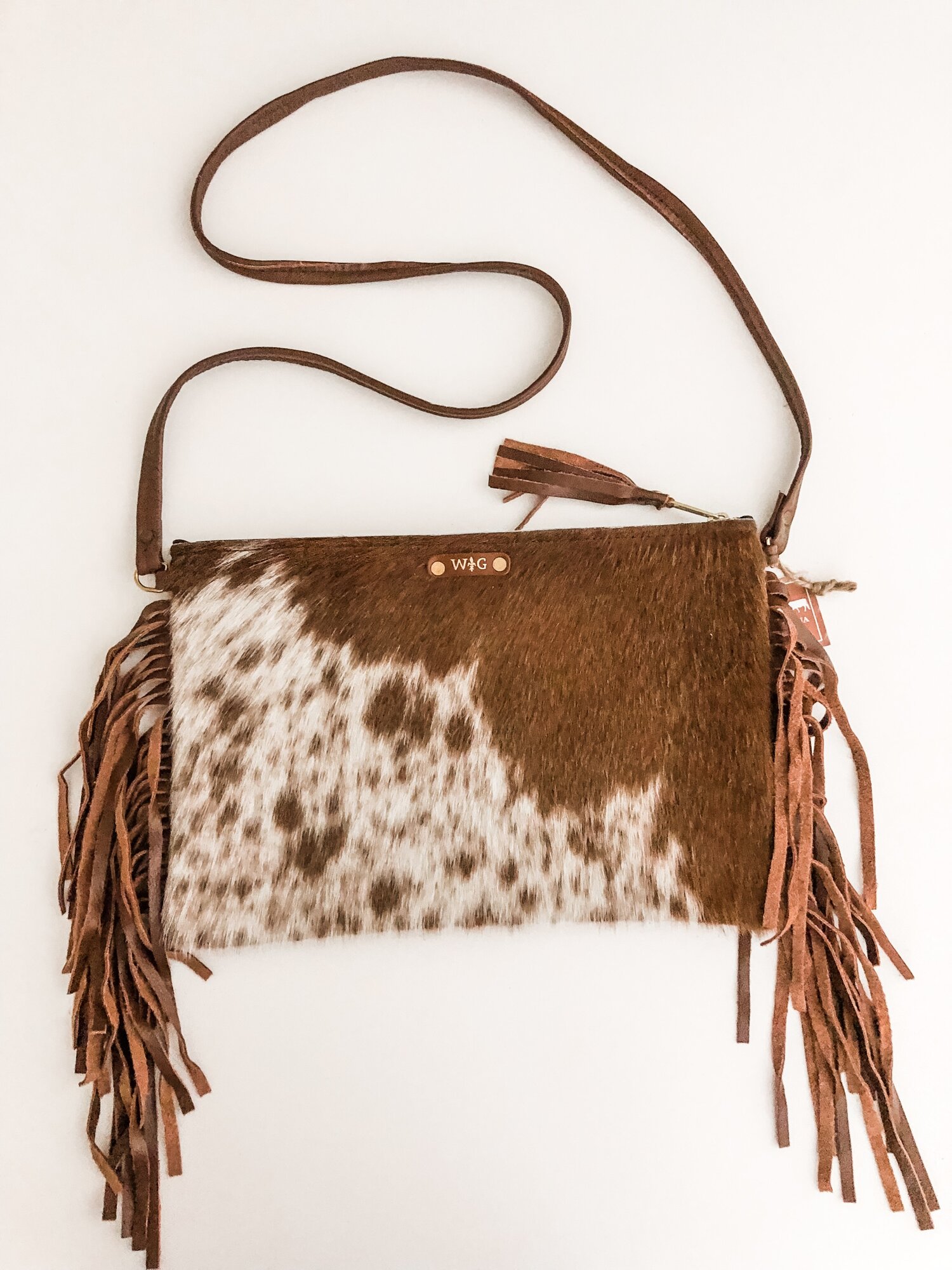 Small Fringe Crossbody - Spotted Chocolate Brown Cowhide & Brown