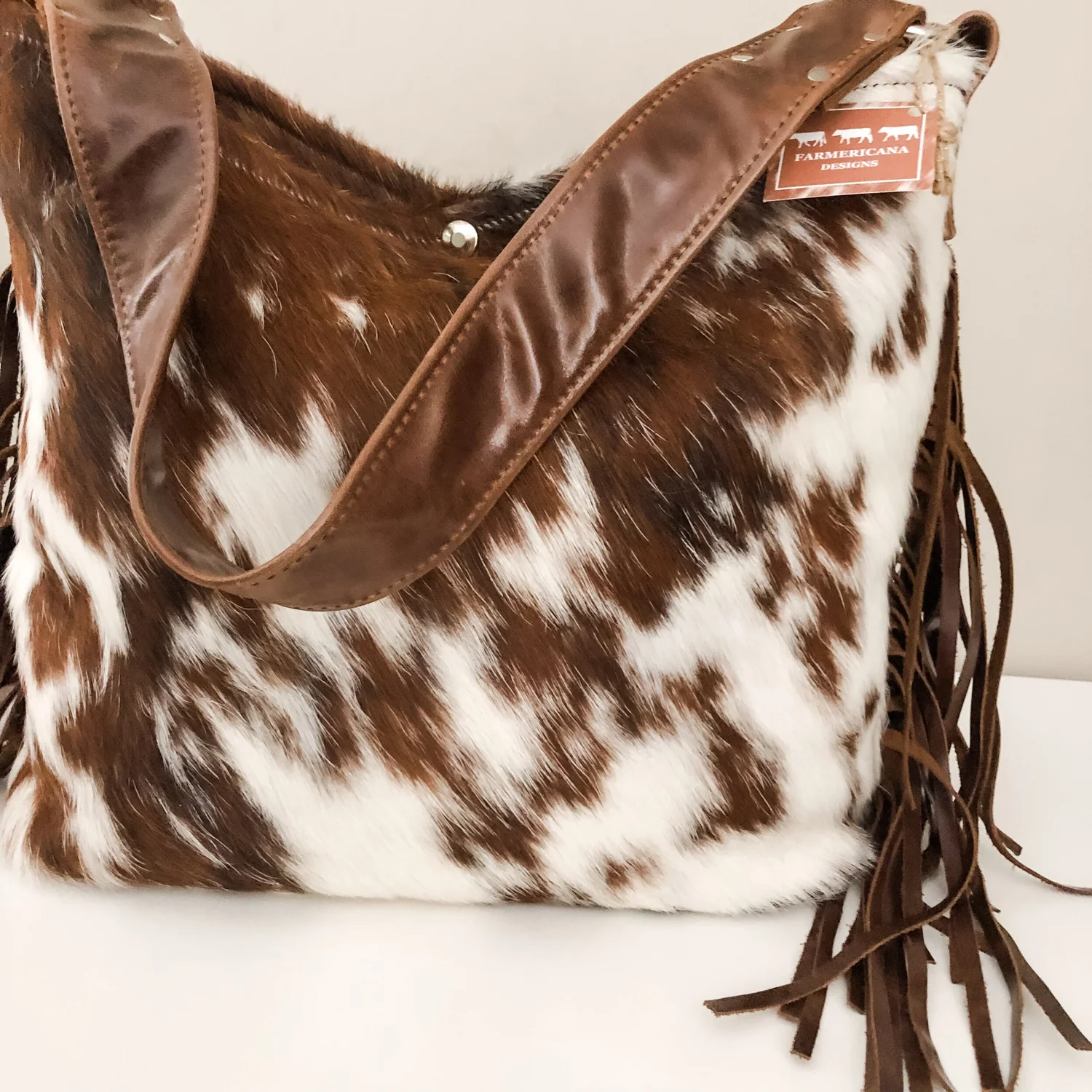 Fringe Bucket Bag - Speckled Tricolor Cowhide — Farmericana Designs