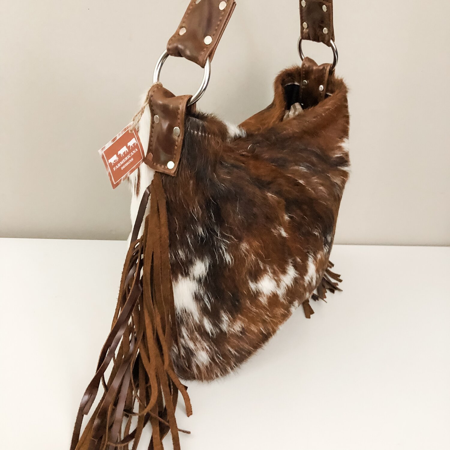 Fringe Bucket Bag - Speckled Tricolor Cowhide — Farmericana Designs