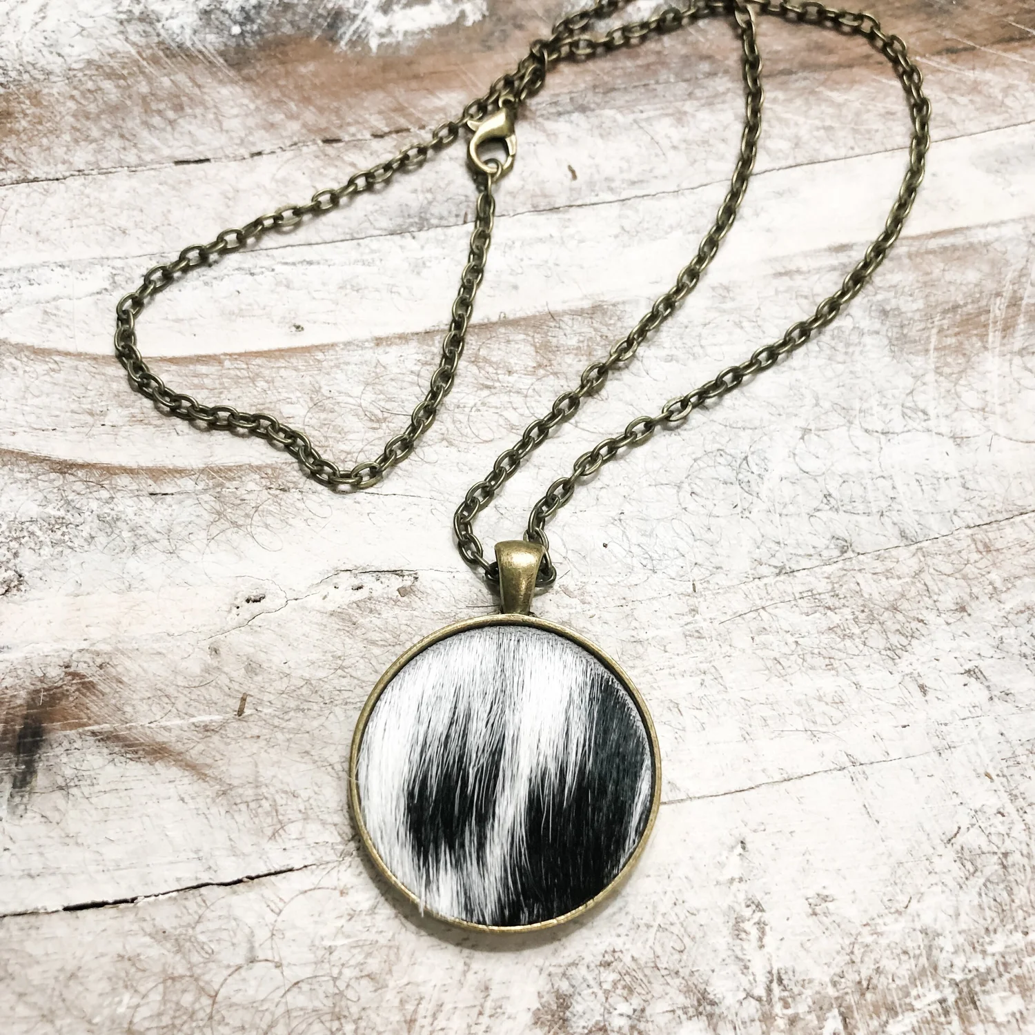 Small Round Pendant Necklace Spotted Black White Cowhide Farmericana Designs