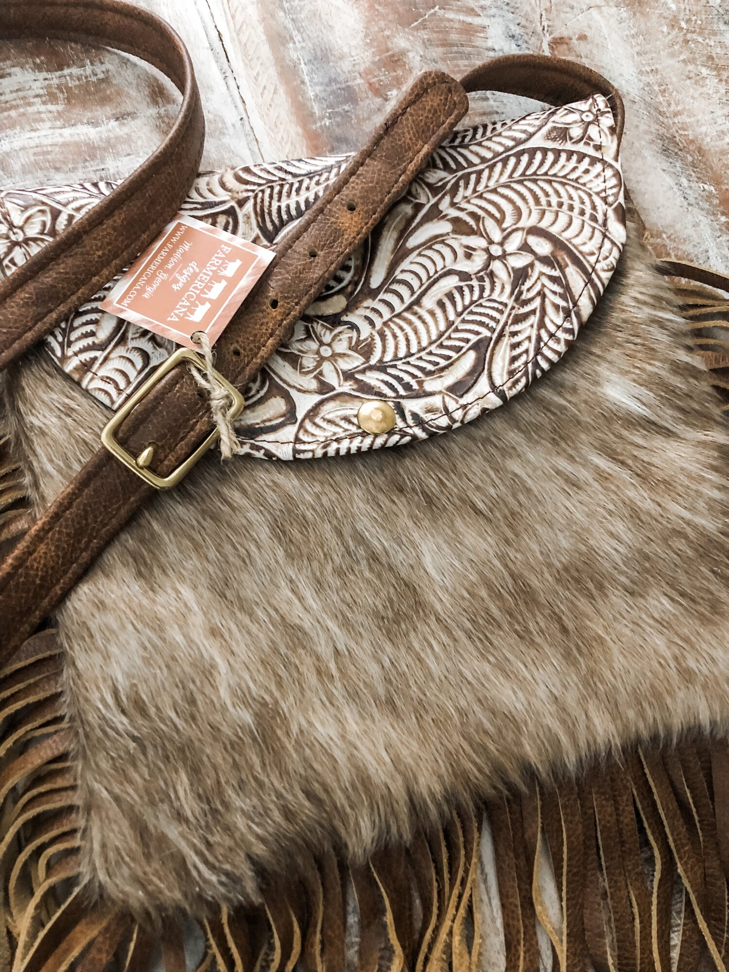 Taupe Cowhide & Ivory Floral Snap Fringe Crossbody — Farmericana