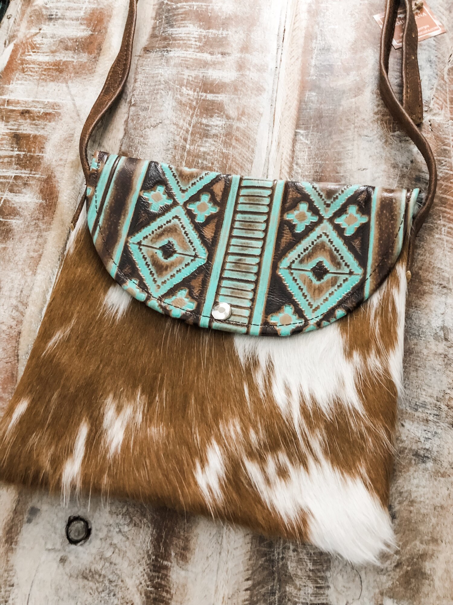 Chestnut Brown Cowhide & Turquoise Navajo Snap Crossbody