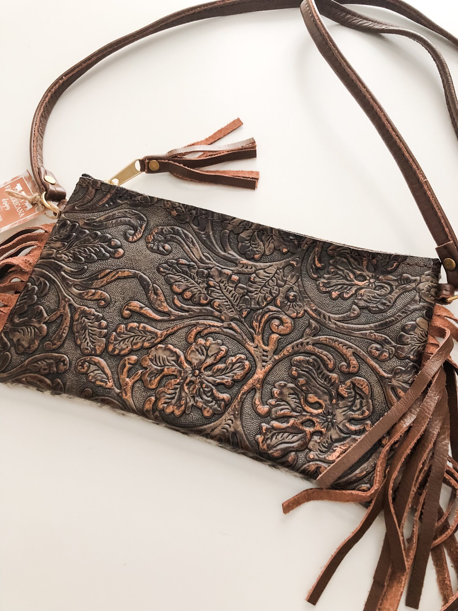 Small Fringe Crossbody - Spotted Chocolate Brown Cowhide & Brown