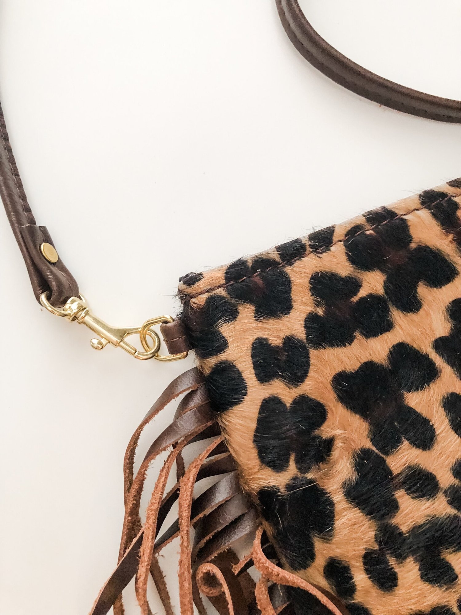 Large Fringe Crossbody - Caramel Leopard Print Cowhide 