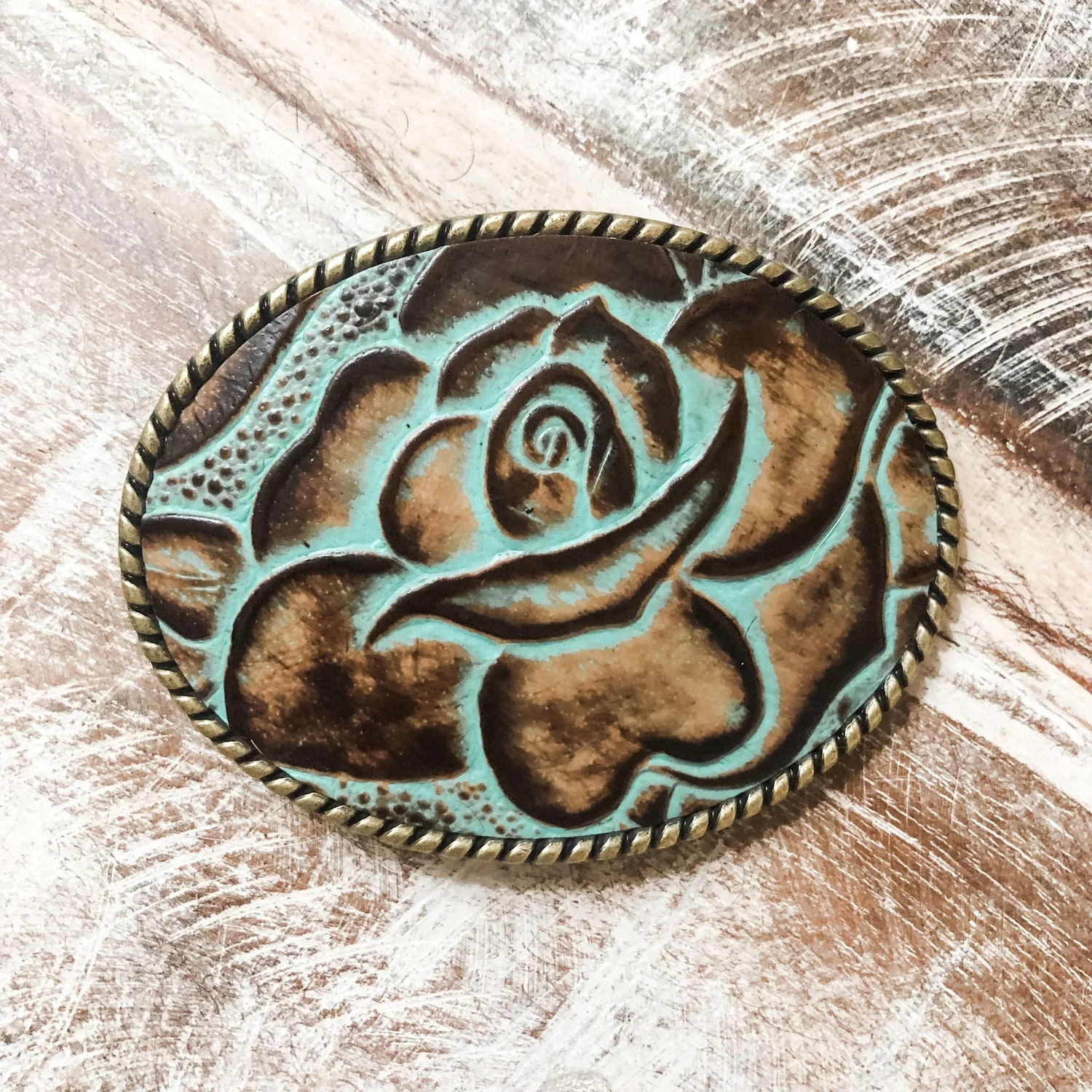 Belt Buckle - Turquoise Rose Leather — Farmericana Designs display picture 1