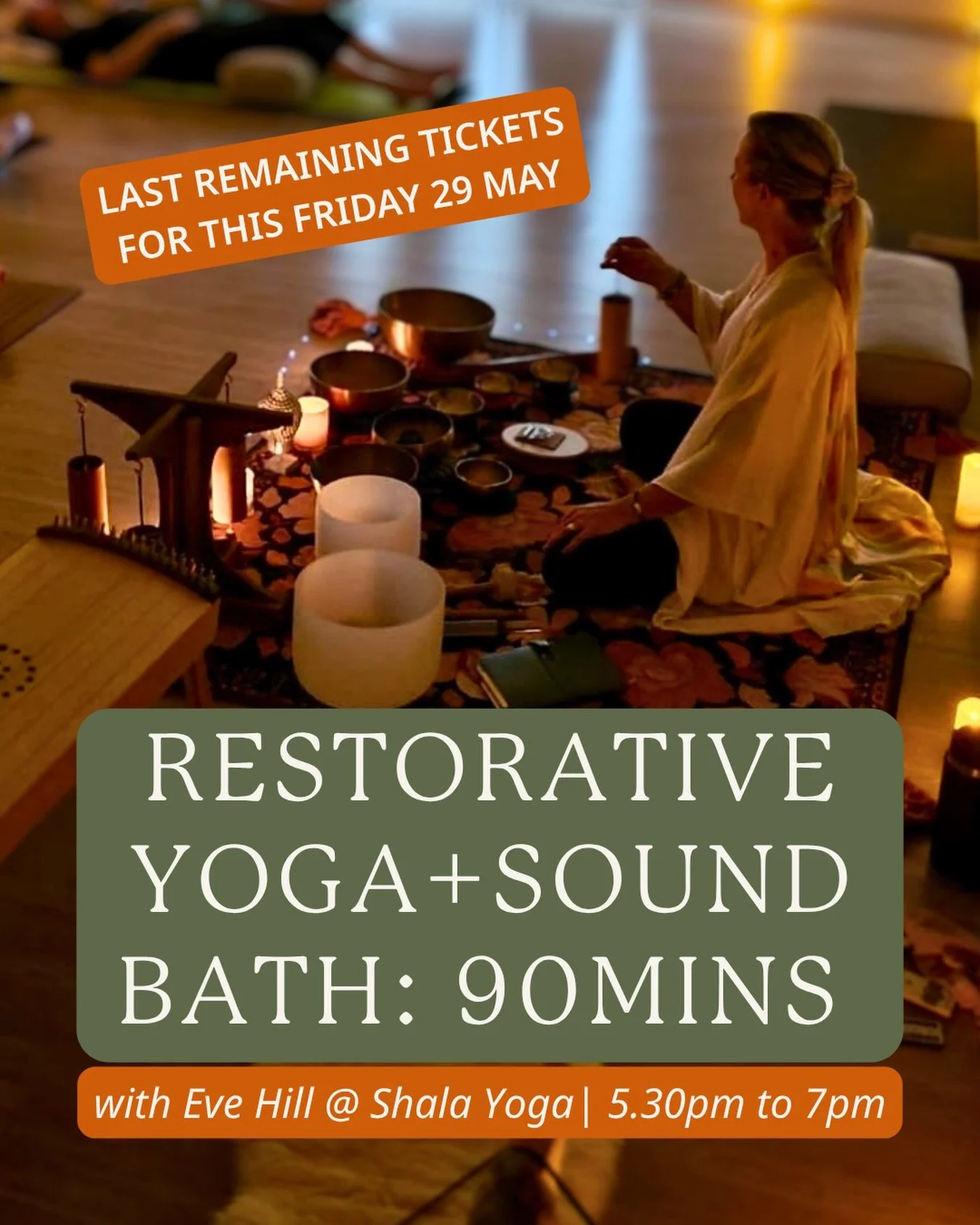 Just three spots left for this Friday&rsquo;s 90min Restorative Soundbath with Eve 🧡✨

If you&rsquo;d like to journey with her - don&rsquo;t delay! Grab your ticket via Mindbody or Eventbrite.

🔗 in Bio: Workshops &amp; Events

#seeyouintheshala #s