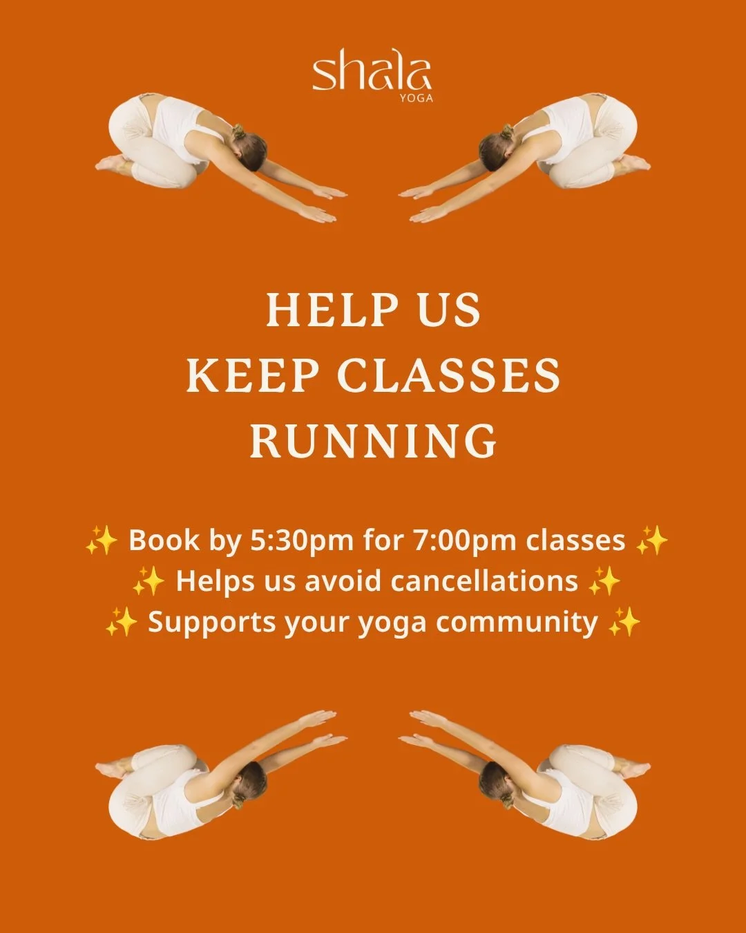 🧘&zwj;♀️ Help Us Keep Our Classes Running 🧘&zwj;♂️

Our yoga community thrives because of your support, and there&rsquo;s one simple way you can help us continue offering the classes you love: book ahead.

We require minimum numbers for classes to 