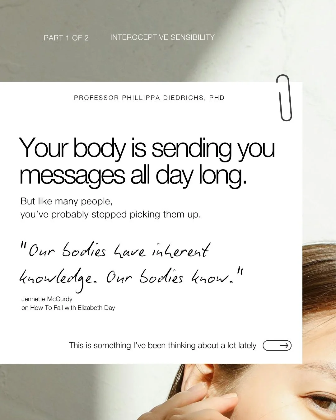 I listened to @jennettemccurdy on a podcast recently and one thing she said has stayed with me: &ldquo;Our bodies have inherent knowledge. Our bodies know.&rdquo;

She was talking about trusting a creative impulse so strong she had to abandon one boo