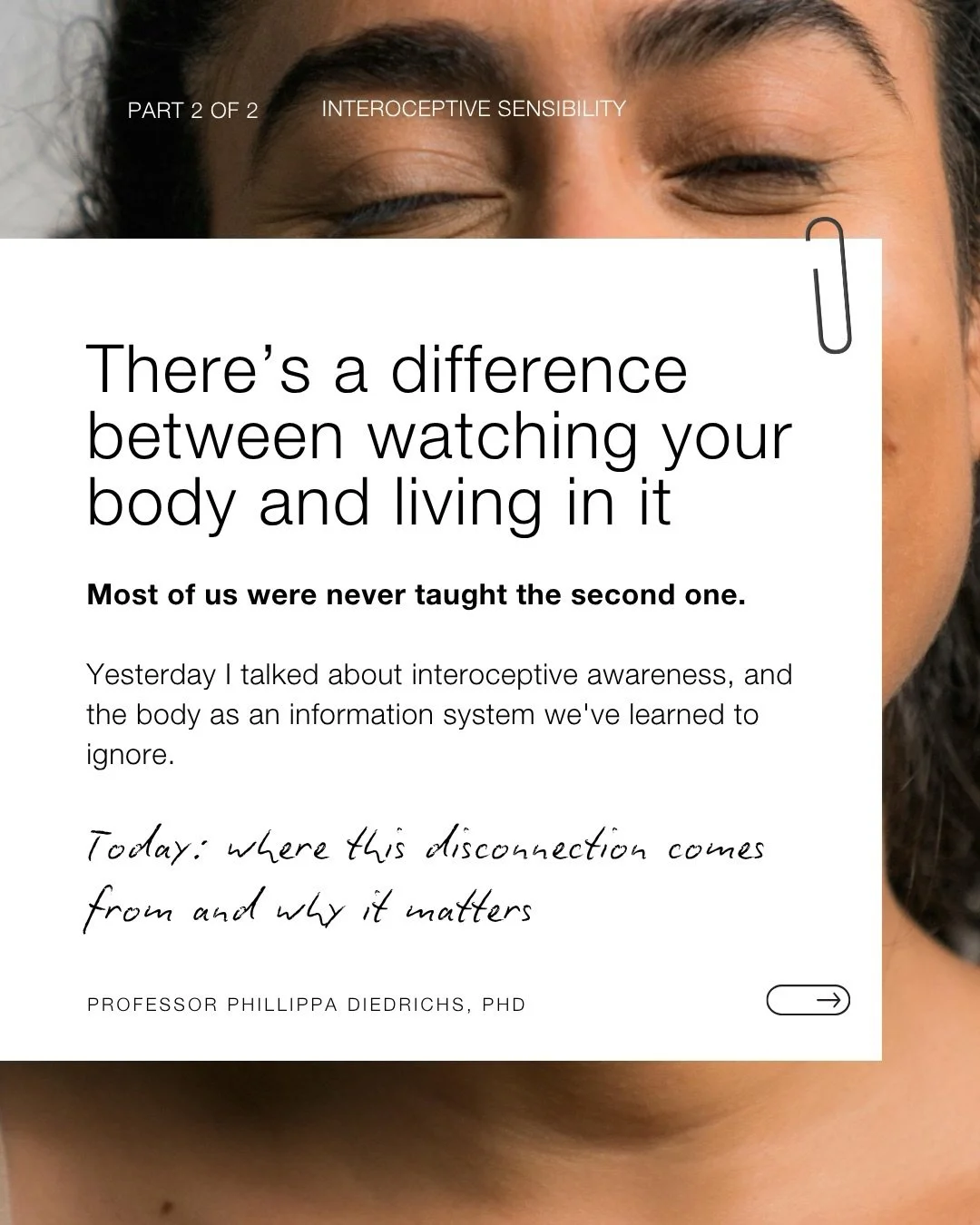 Yesterday I talked about interoceptive awareness; the body as an information system we&rsquo;ve learned to ignore. 

➡️Today: where that disconnection might come from.

There&rsquo;s a concept in body image research called disembodiment, which refers