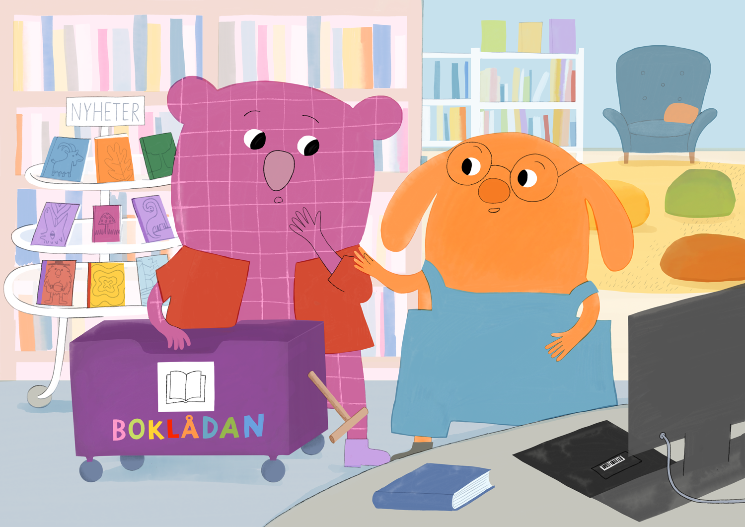 Tette och Trina på biblioteket, Tette frågar Trina en fråga.