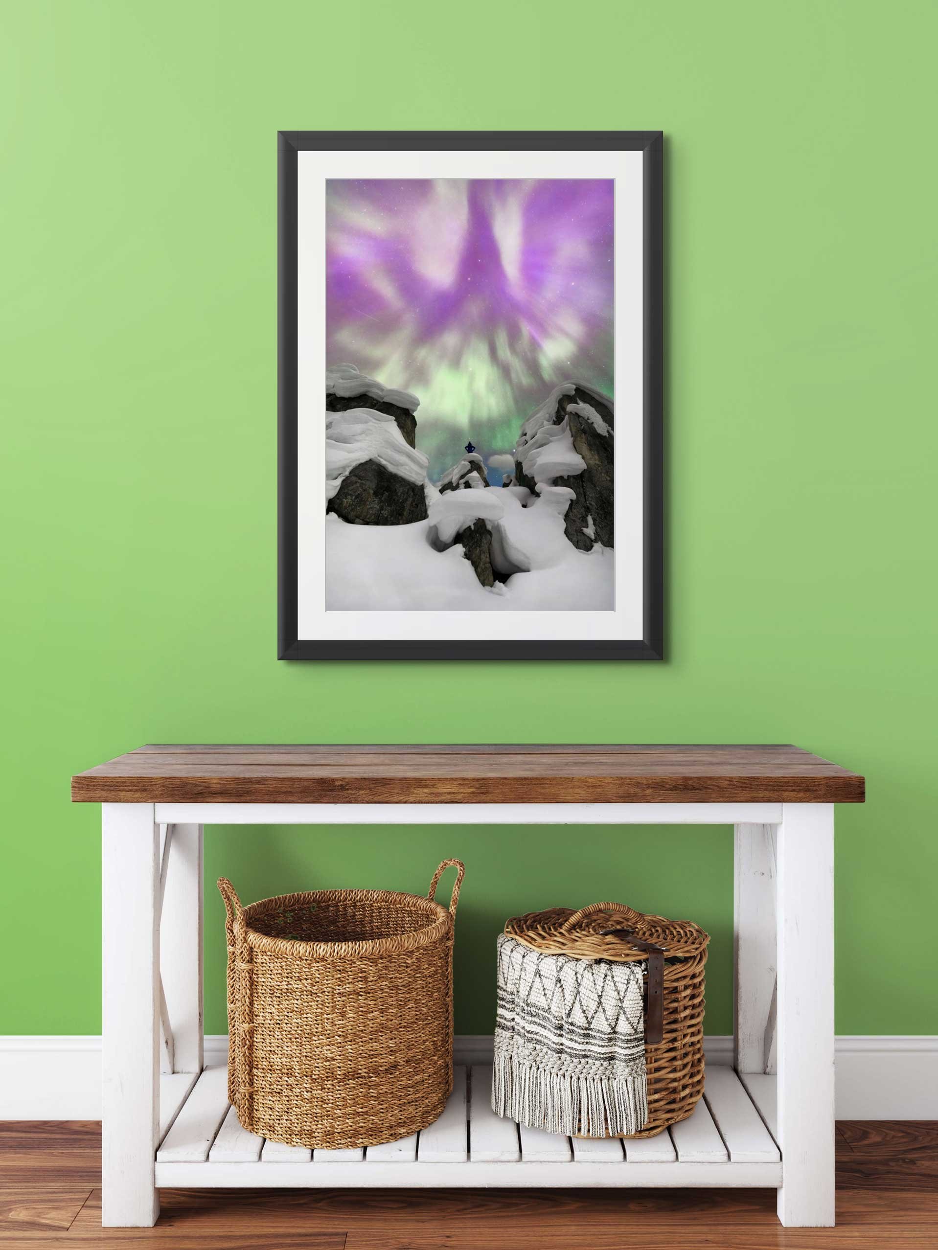 Mockup of a framed photograph in a modern room.