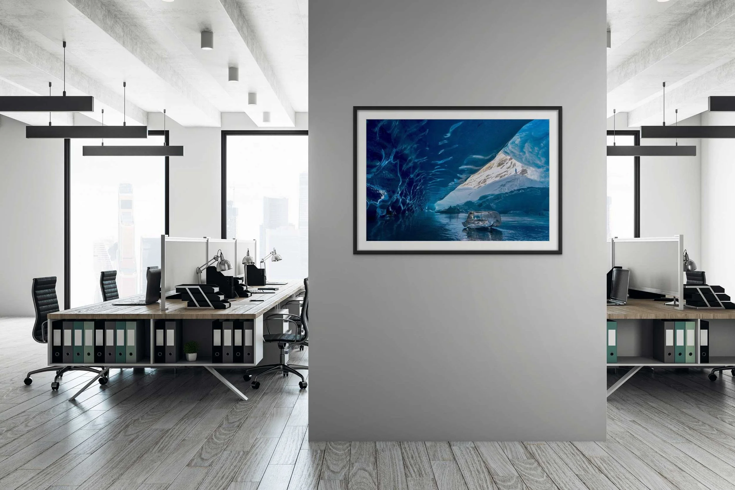 Mockup of a framed photograph in a modern room.
