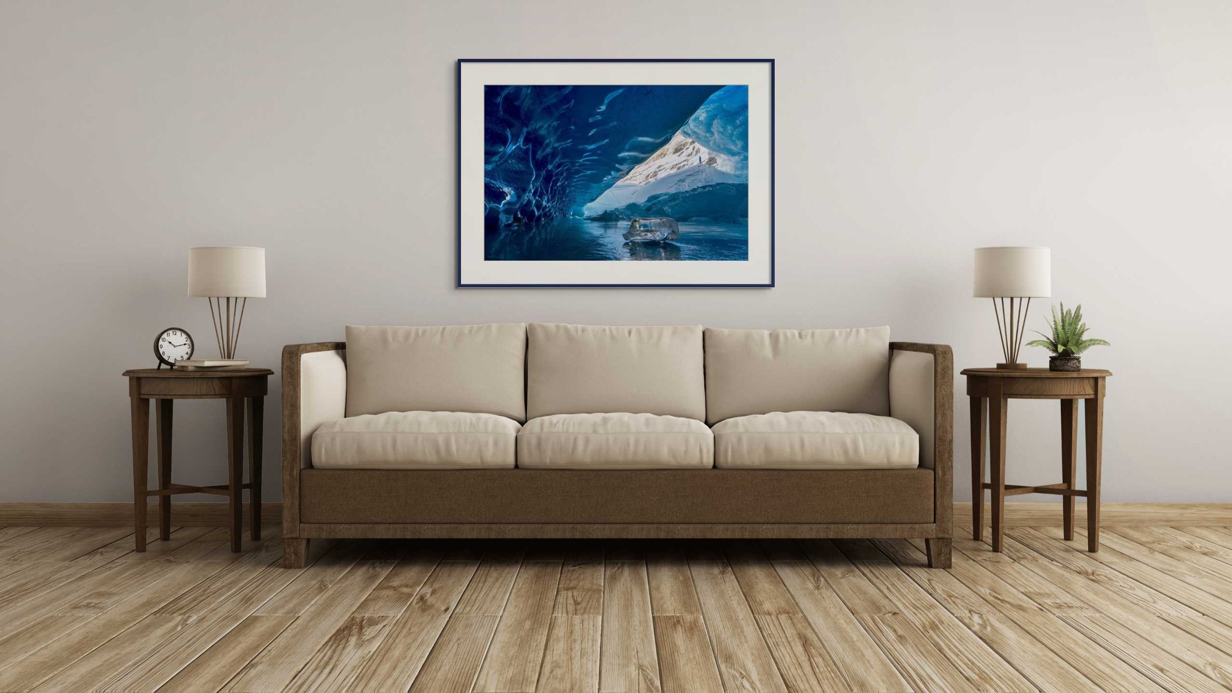 Mockup of a framed photograph in a modern room.