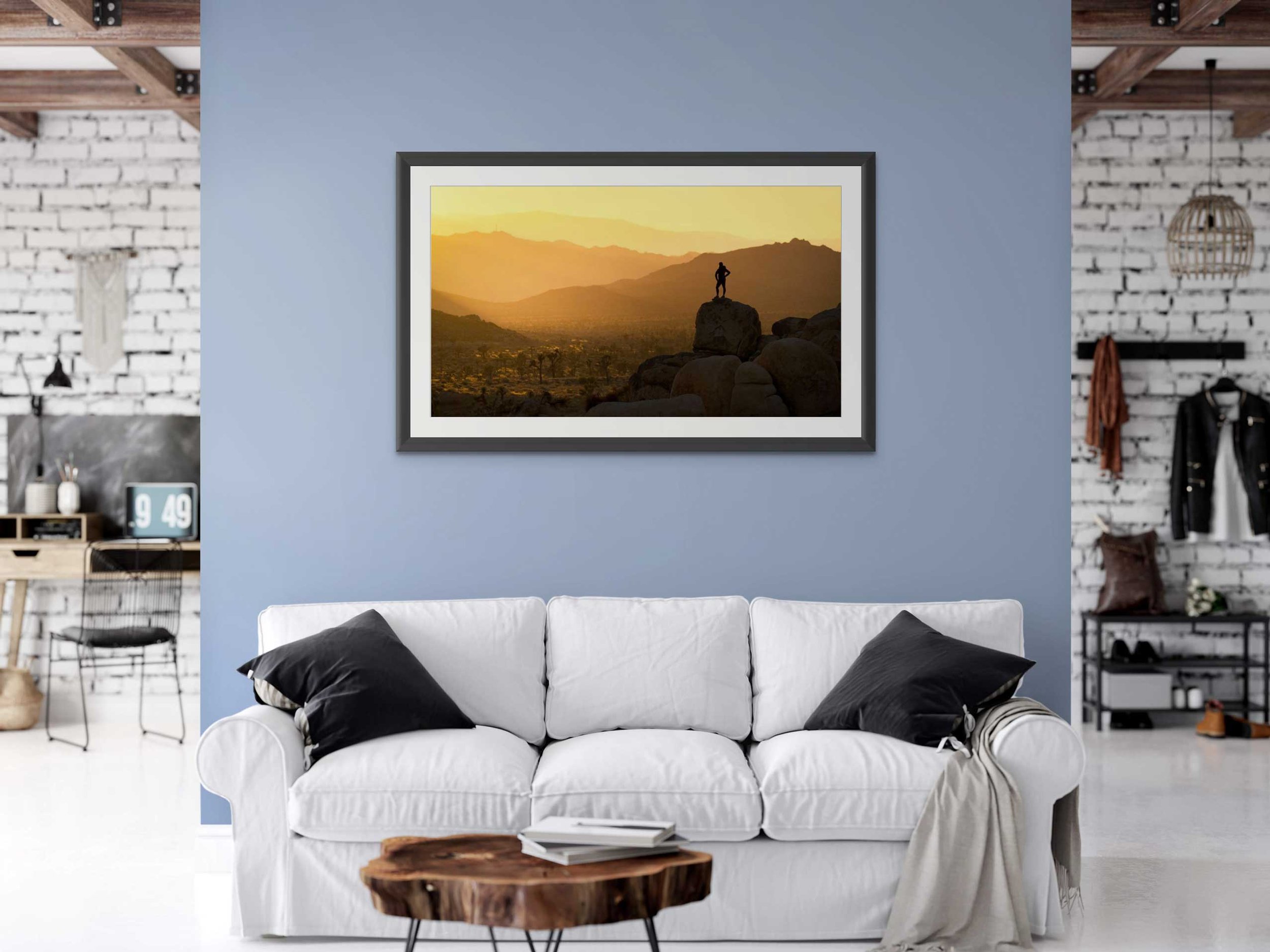Mockup of a framed photograph in a modern room.