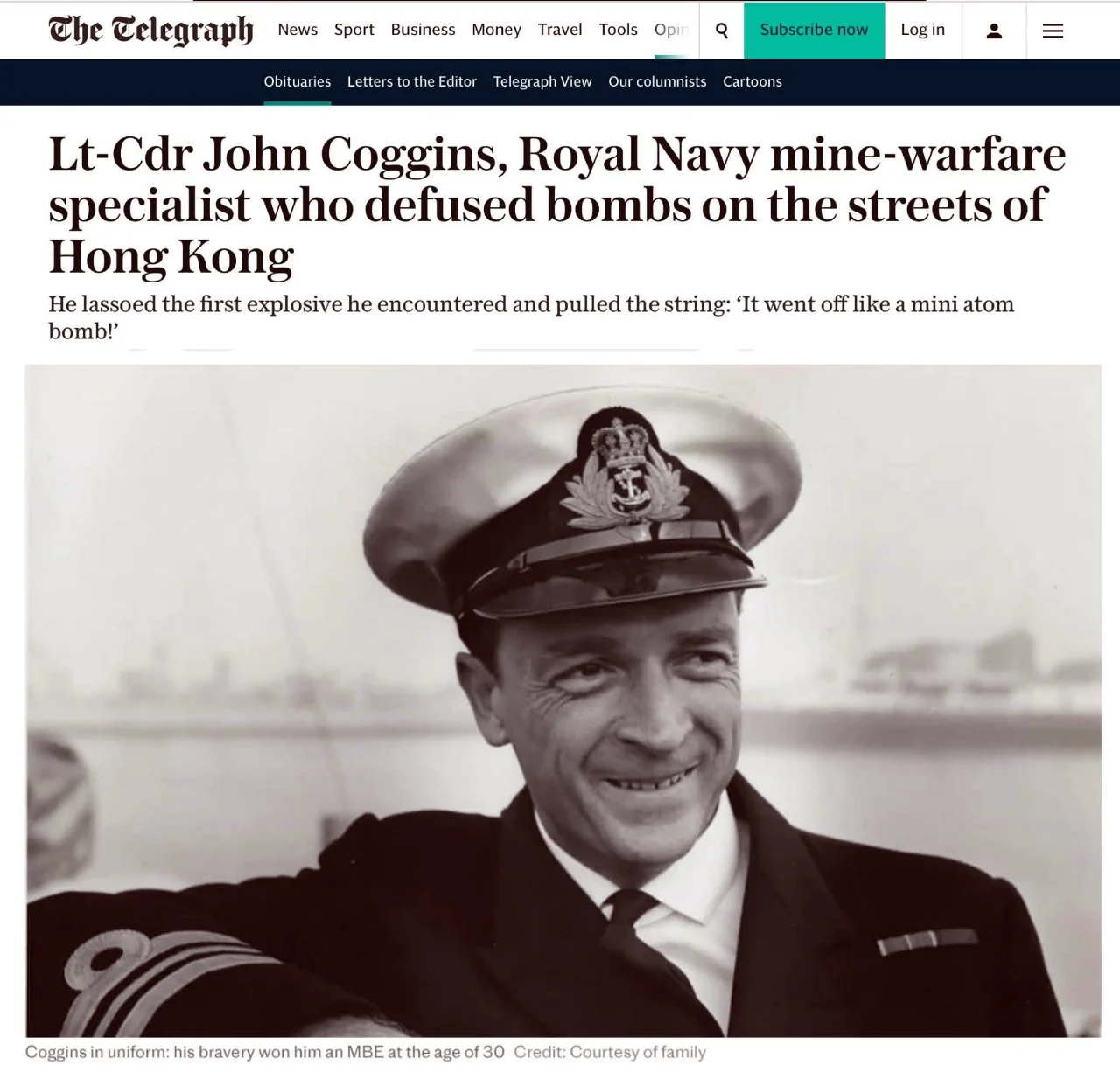 Telegraph obituary for Lt Cdr John Stephen Coggins MBE RN
