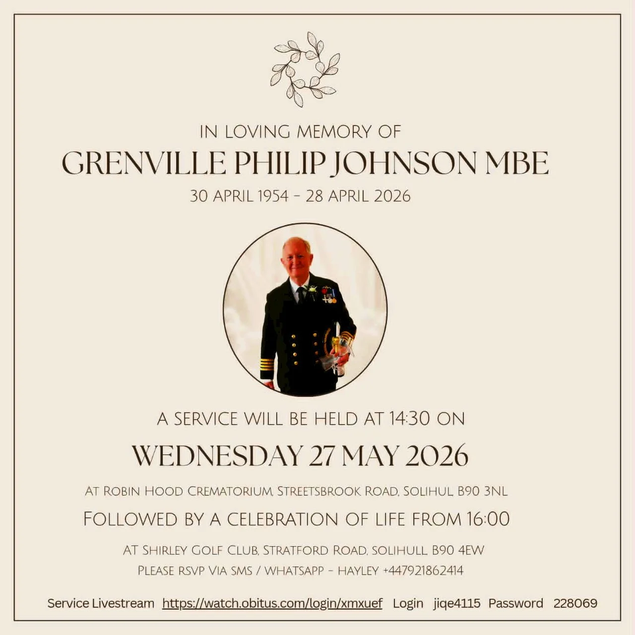 Arrangements for the funeral of Capt Grenville Philip Johnson MBE RN