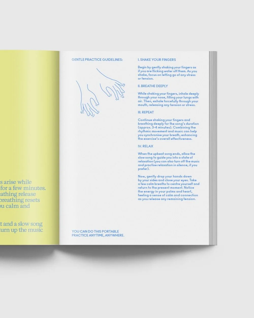 Open booklet with gentle practice guidelines for hand shaking, breathing, repeating exercises, and relaxation, including a blue line drawing of hands shaking.