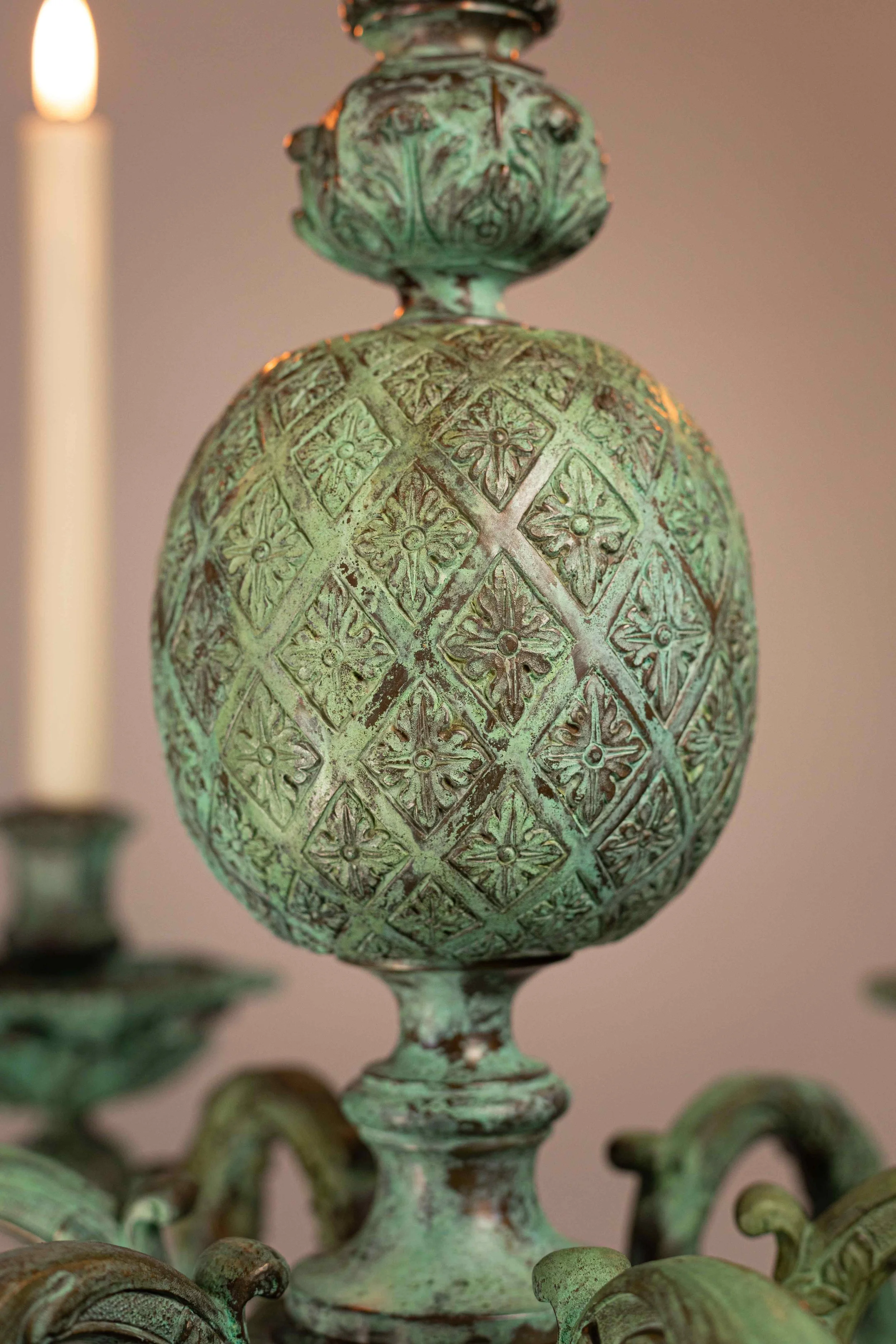 Louis XIV pineapple chandelier verdigris 3.jpg