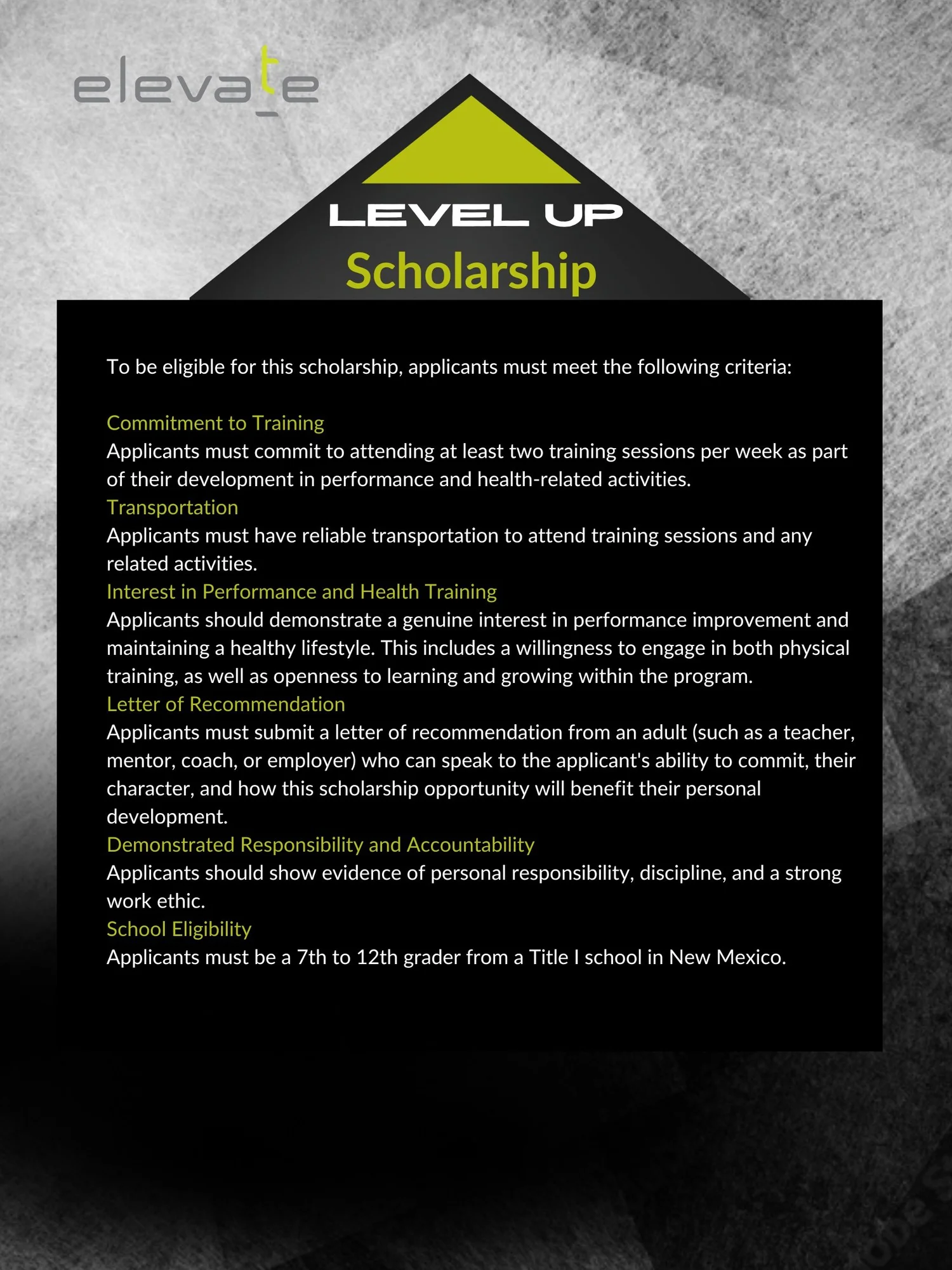 Level Up Scholarship — Elevate Performance Health and Wellness