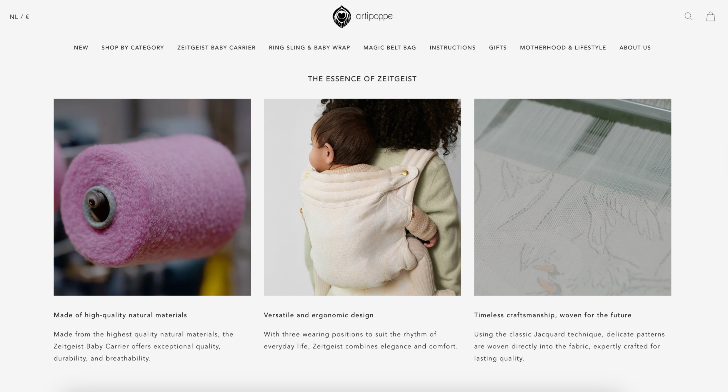 Homepage of Artippo website showing a pink baby carrier, a person carrying a baby in a beige carrier, and a close-up of fabric with a woven pattern. The page highlights natural materials, ergonomic design, and craftsmanship.