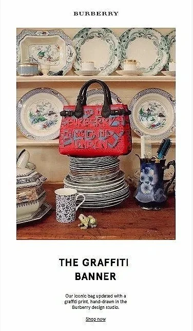 Display of decorative plates on wooden shelves, a red Burberry handbag hanging on stacked plates, a ceramic mug, and a small dog figurine on a wooden table, with a section of text above and below describing the items.