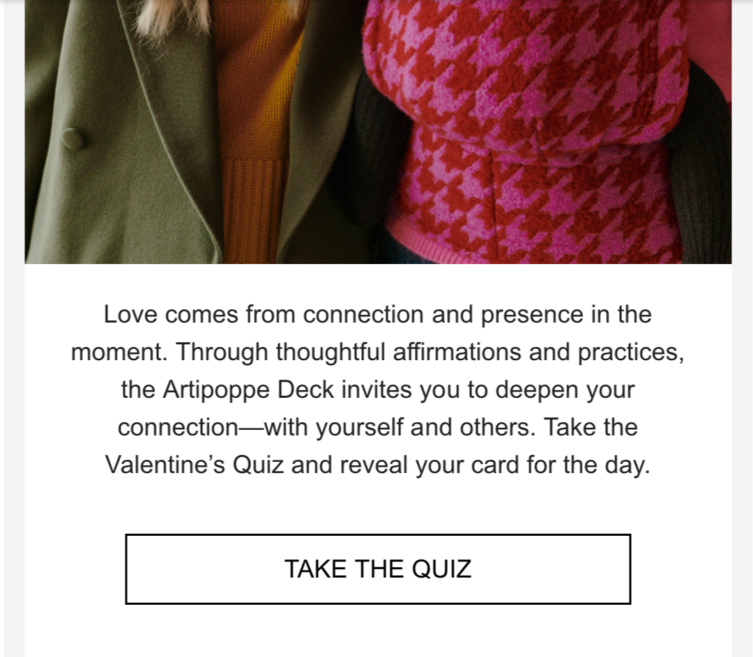 A close-up of two people wearing colorful sweaters with one in an olive green coat over a mustard yellow top and the other in a pink and red houndstooth pattern sweater. Below the image is a block of text about love and connection, with a button labe