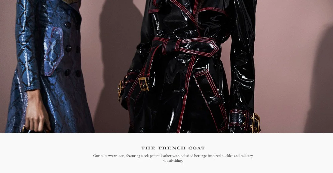 Close-up of two fashionable coats, one in shiny black patent leather with red stitching and buckles, and the other in textured blue leather with a patterned finish, on a pink background.