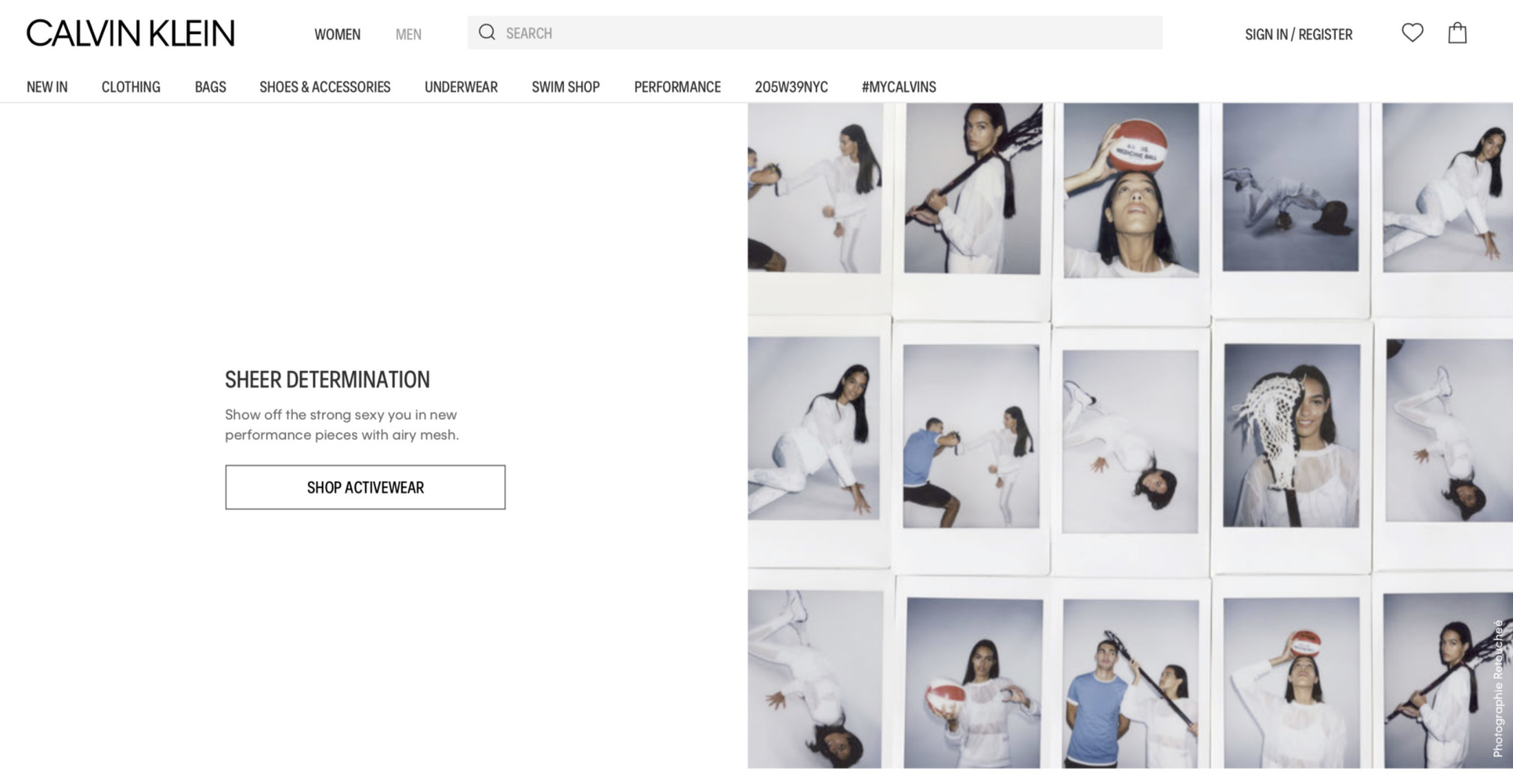 Calvin Klein website homepage showcasing a gallery of models in white clothing, participating in athletic and fashion poses, with navigation options for different clothing categories.