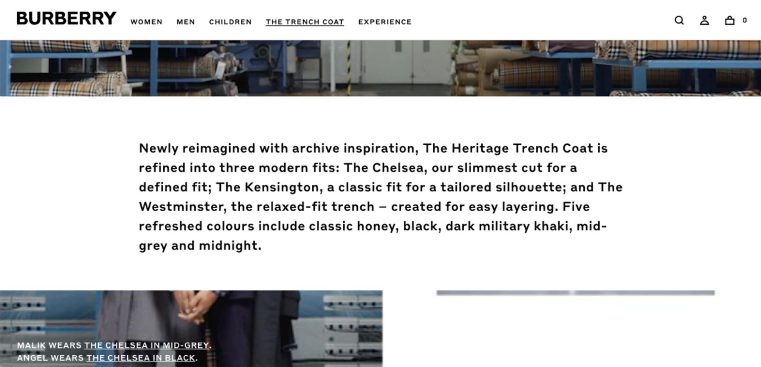 Screenshot of Burberry website showcasing the Heritage Trench Coat with description of three modern fit styles and color options including honey, black, military khaki, mid-grey, and midnight.