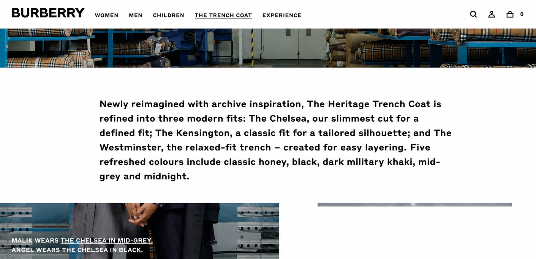 Screenshot of a webpage for Burberry, featuring a description of The Heritage Trench Coat, highlighting three modern fits: The Chelsea, The Kensington, and The Westminster, with details about their styles and colors. The background shows fabric rolls