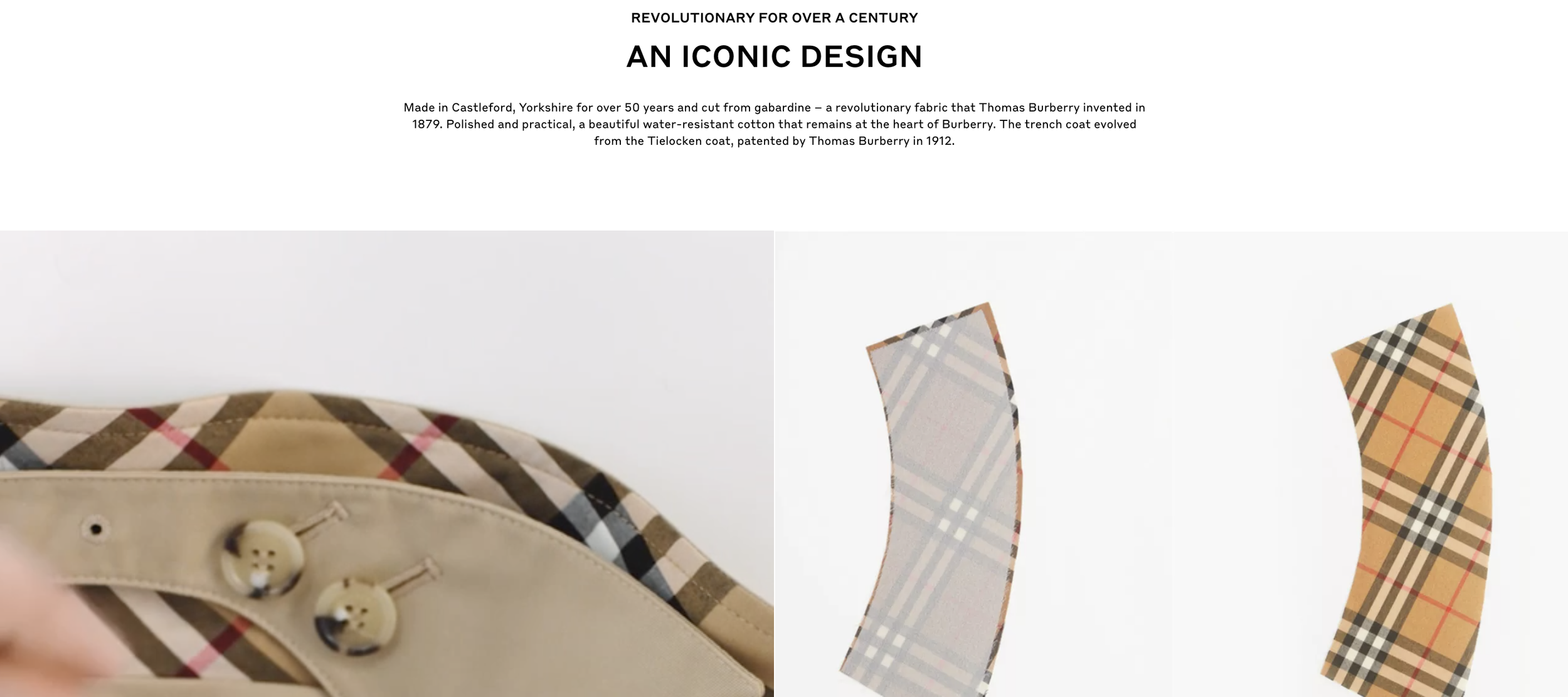 Website page highlighting the Iconic Design of Burberry's trench coat, featuring close-up images of the coat's fabric with the check pattern and buttons.