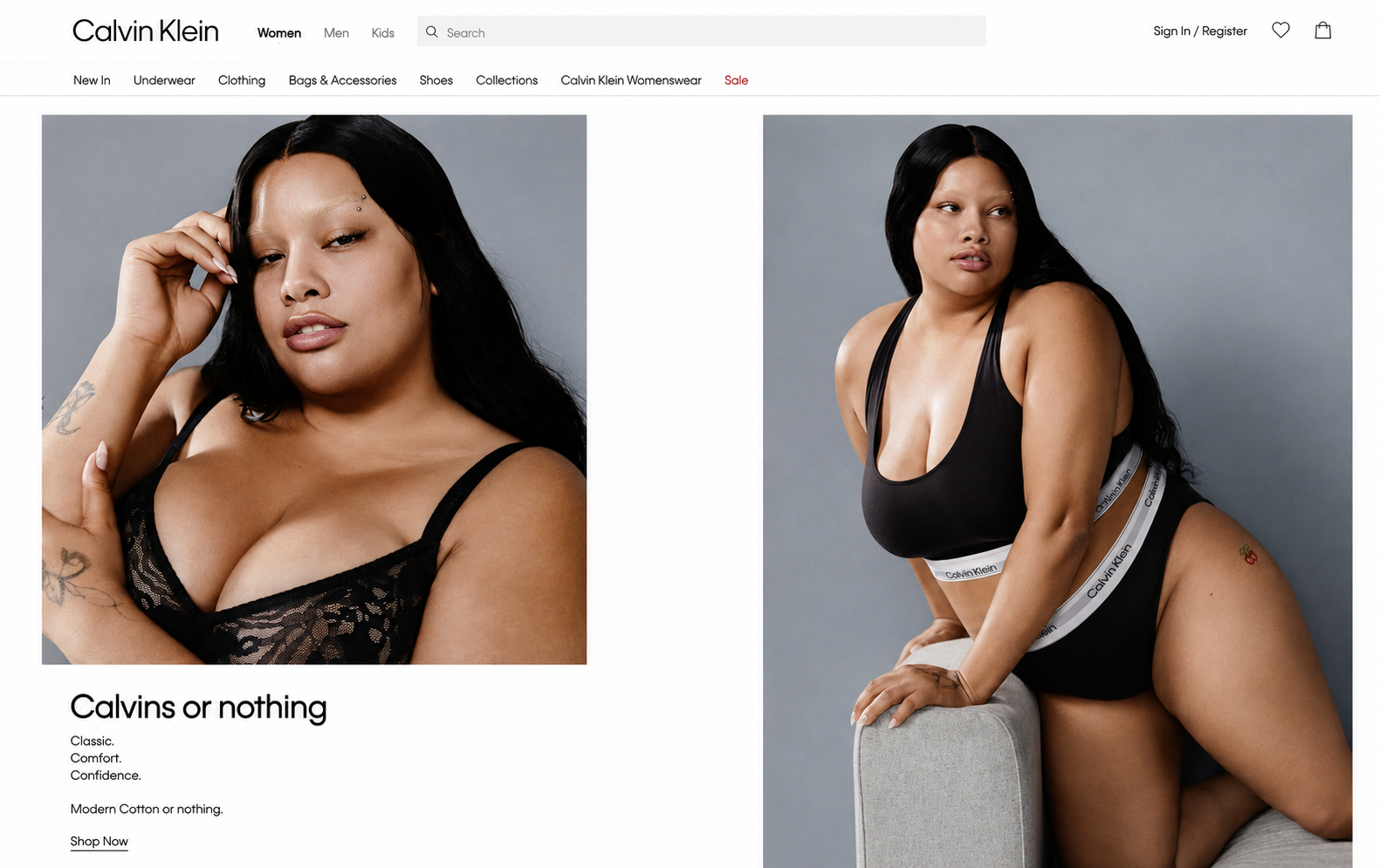 Two women modeling Calvin Klein underwear against a gray background. The woman on the left has black hair, tattoos, and is wearing a black lace bra. The woman on the right has long dark hair and is wearing a black sports bra and matching underwear wi