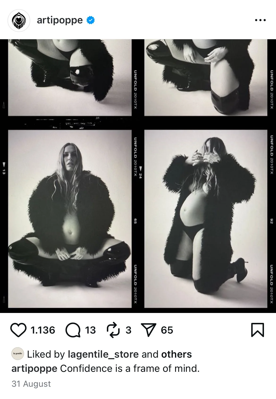 Black-and-white collage of four photos featuring a woman wearing a fluffy coat, with different poses including crouching, sitting cross-legged, and covering her face.