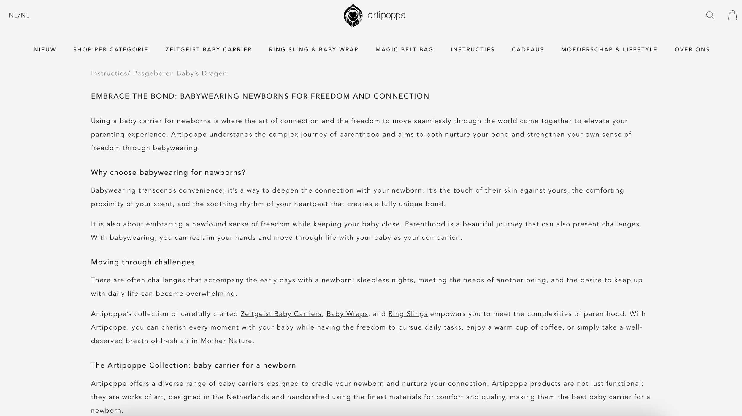 Website page with navigation menu and text about babywearing for newborns, emphasizing connection, comfort, and the Artippo collection of baby carriers, wraps, and ring slings.