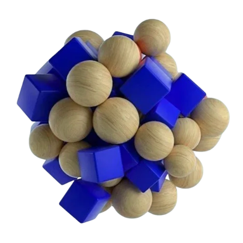 A cluster of wooden balls with light natural wood color and solid blue plastic blocks interspersed.