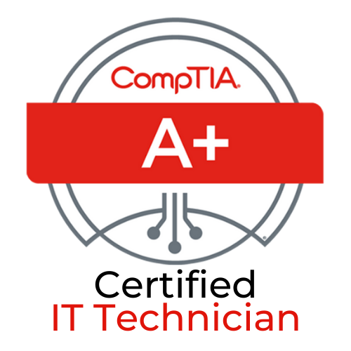 Certification image: Vibrant "CompTIA A+ Certified" badge with logo, showcasing expertise in IT. Boosts accessibility & SEO for tech professionals.