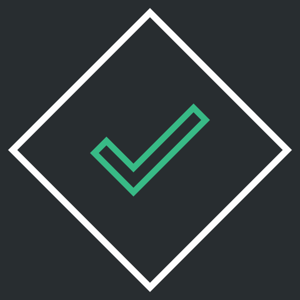 Icon of a checkmark inside a diamond shape, black background, white border for diamond, green checkmark.