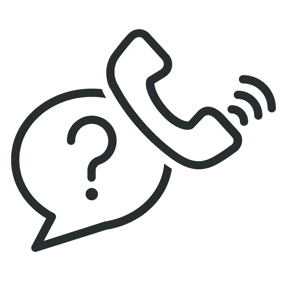 Icon of a speech bubble with a question mark and a telephone receiver with radio waves indicating a questions or inquiries call.