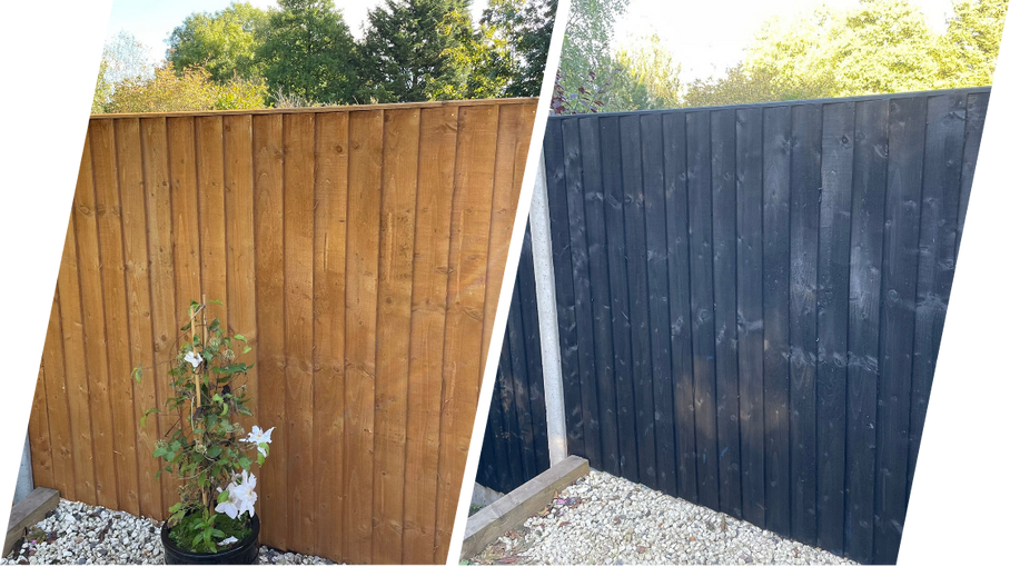Split image of two fences, one wooden and natural-colored on the left, and one painted dark blue on the right fence painting at Jscapes Gardening and Landscaping